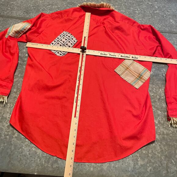 Vintage Handmade Scarecrow Button Up Shirt Large Straw Fall Harvest Patches Red - Picture 12 of 14